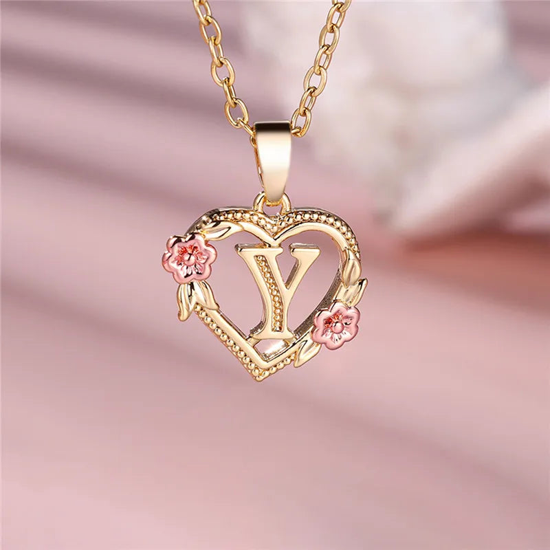Gold Color A–Z Floral Initial Pendant Necklace