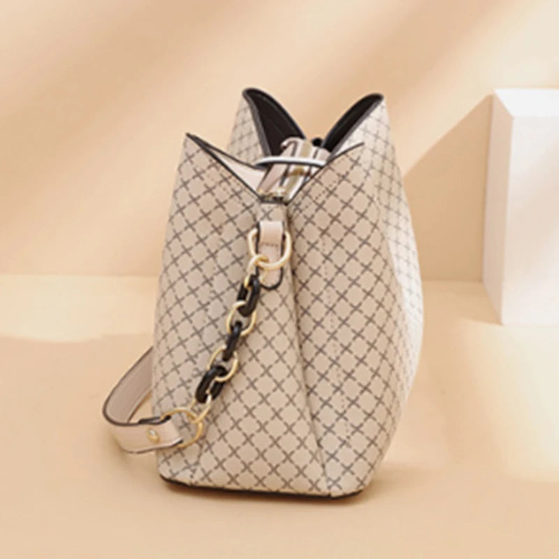 Embroidered PU Leather Bucket Shoulder Bag