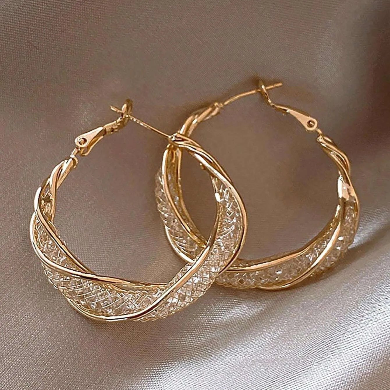 Gorgeous Intertwined Gold Mesh Hoop Earrings