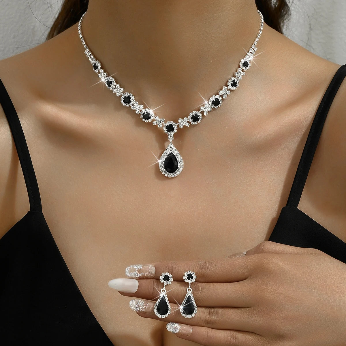 Crystal Droplet Necklace & Earrings Set (3-Piece)