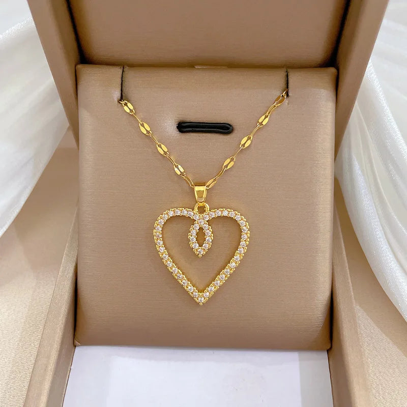 Gold Color Heart Zirconia Stainless Steel Necklace