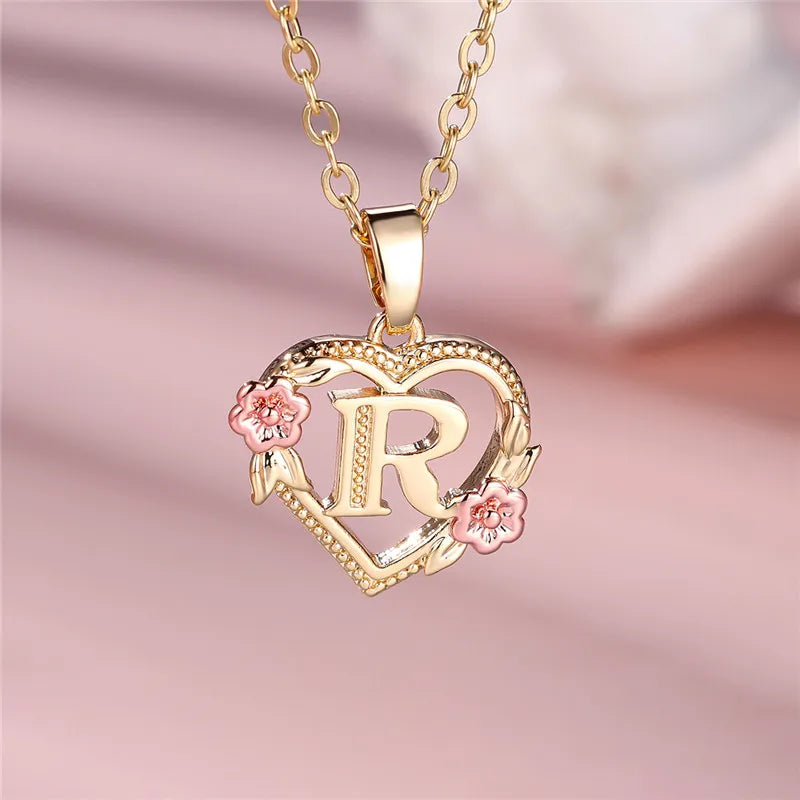 Gold Color A–Z Floral Initial Pendant Necklace