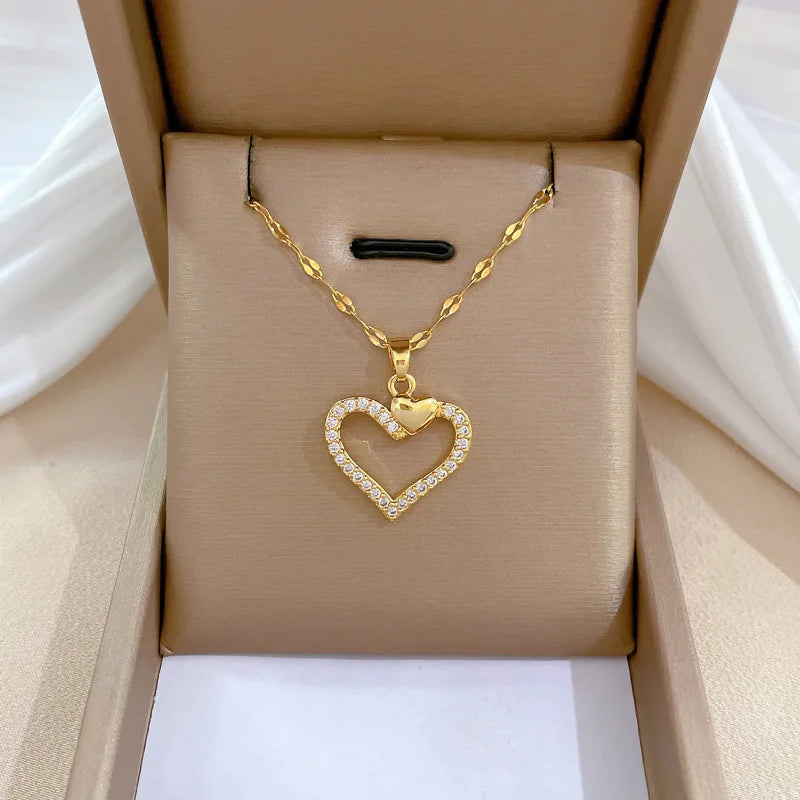 Gold Color Heart Zirconia Stainless Steel Necklace