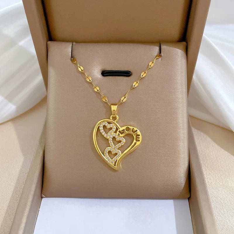 Gold Color Heart Zirconia Stainless Steel Necklace