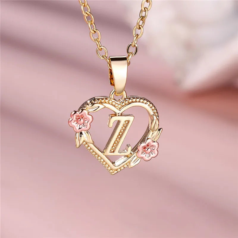 Gold Color A–Z Floral Initial Pendant Necklace