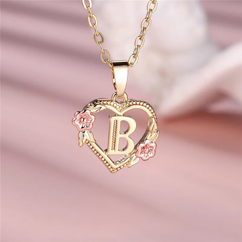 Gold Color A–Z Floral Initial Pendant Necklace