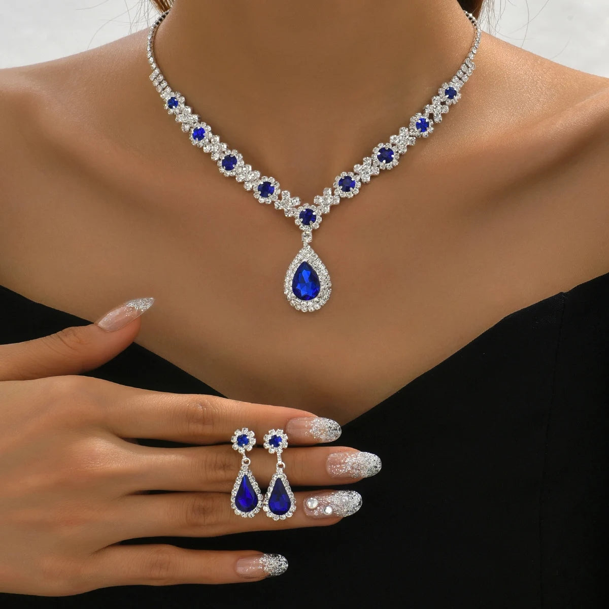 Crystal Droplet Necklace & Earrings Set (3-Piece)