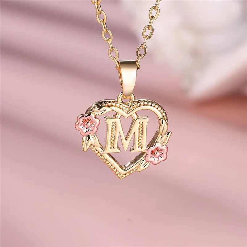 Gold Color A–Z Floral Initial Pendant Necklace