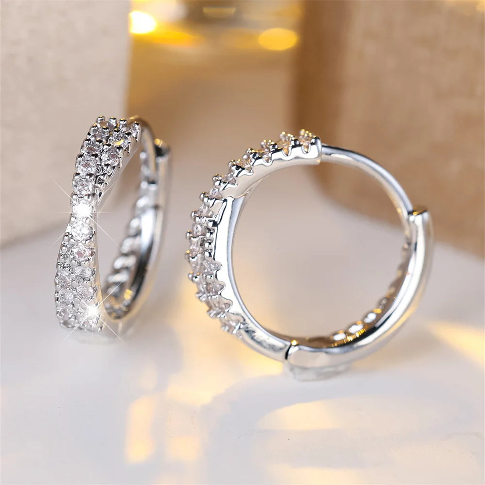 White Zircon Crossed Hoop Earrings