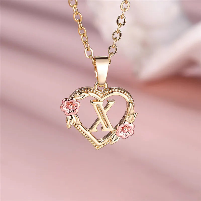 Gold Color A–Z Floral Initial Pendant Necklace