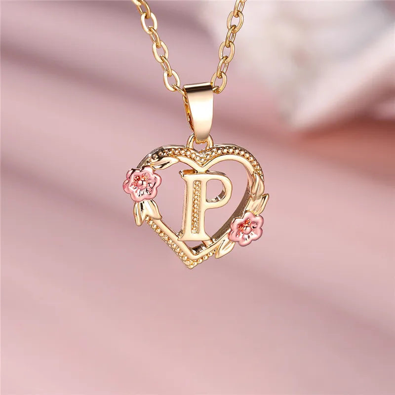 Gold Color A–Z Floral Initial Pendant Necklace