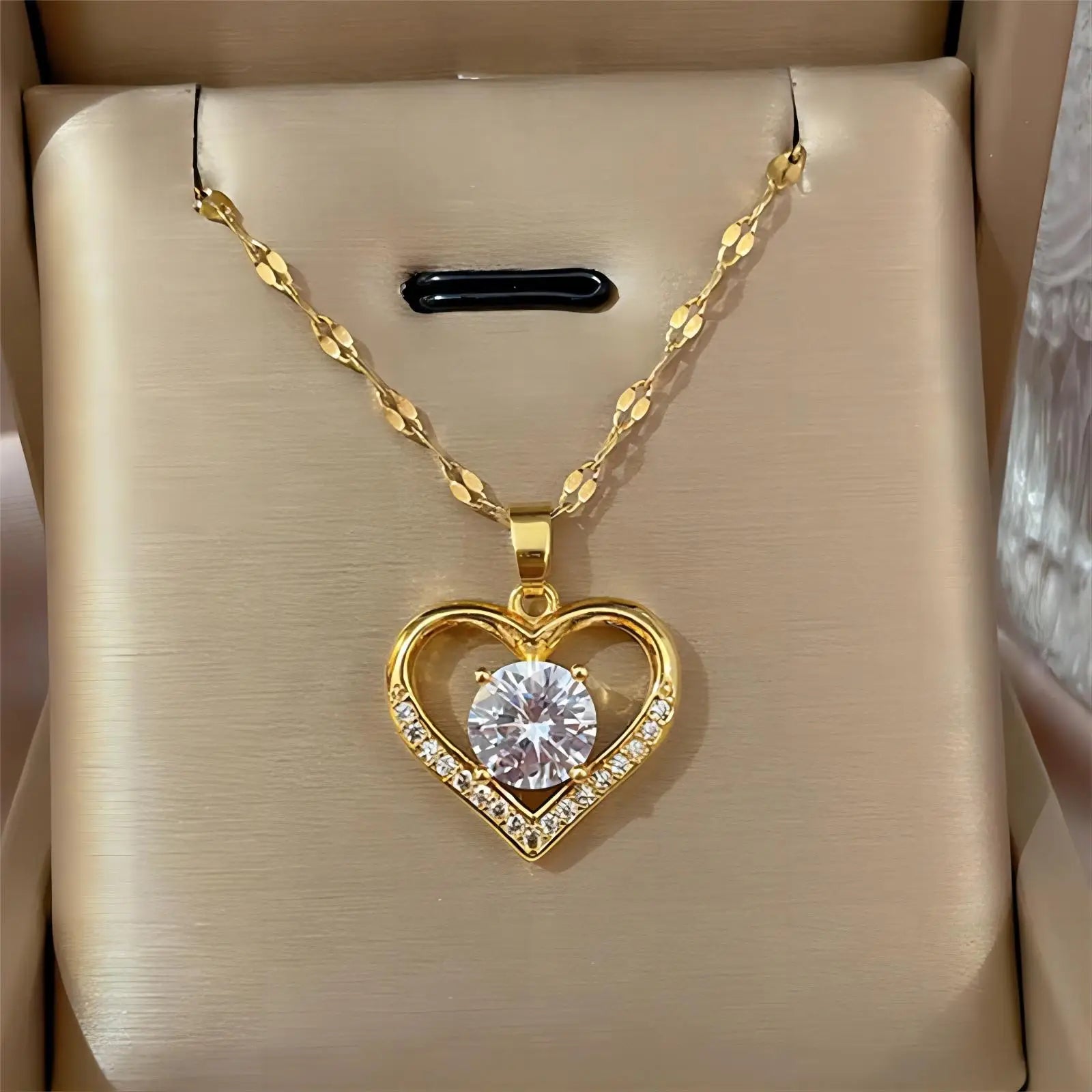 Gold Color Heart Zirconia Stainless Steel Necklace