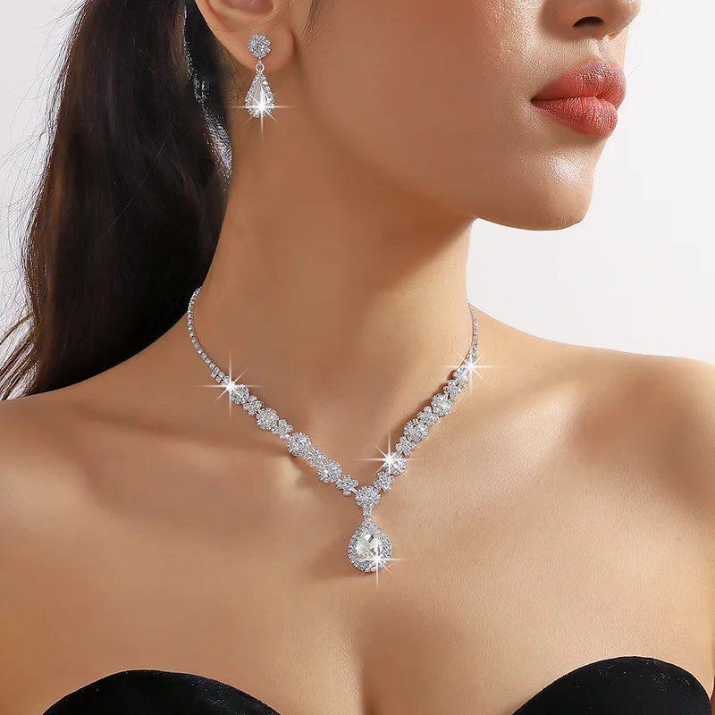 Crystal Droplet Necklace & Earrings Set (3-Piece)