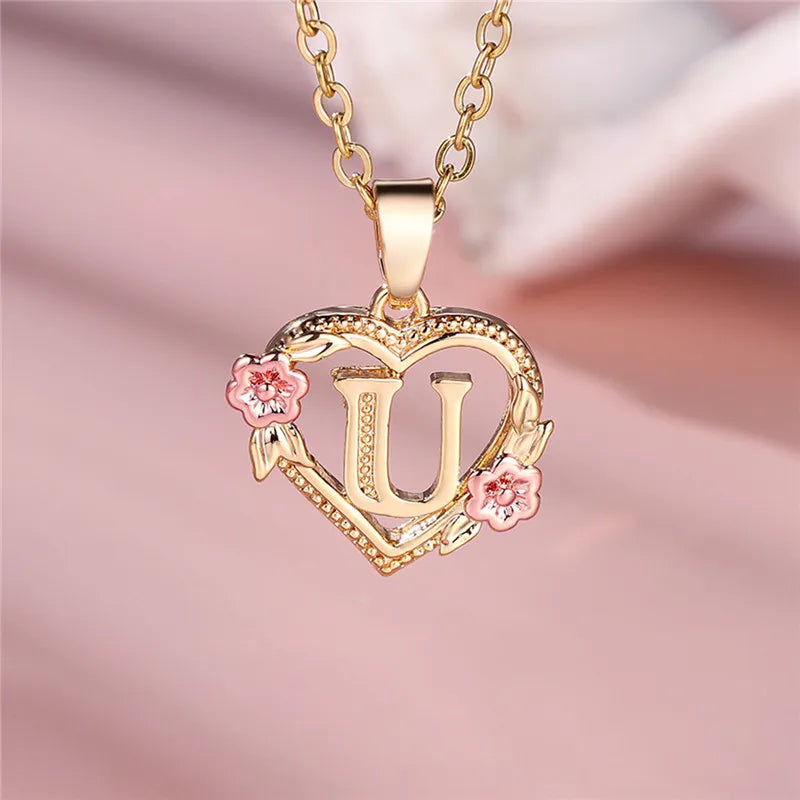Gold Color A–Z Floral Initial Pendant Necklace
