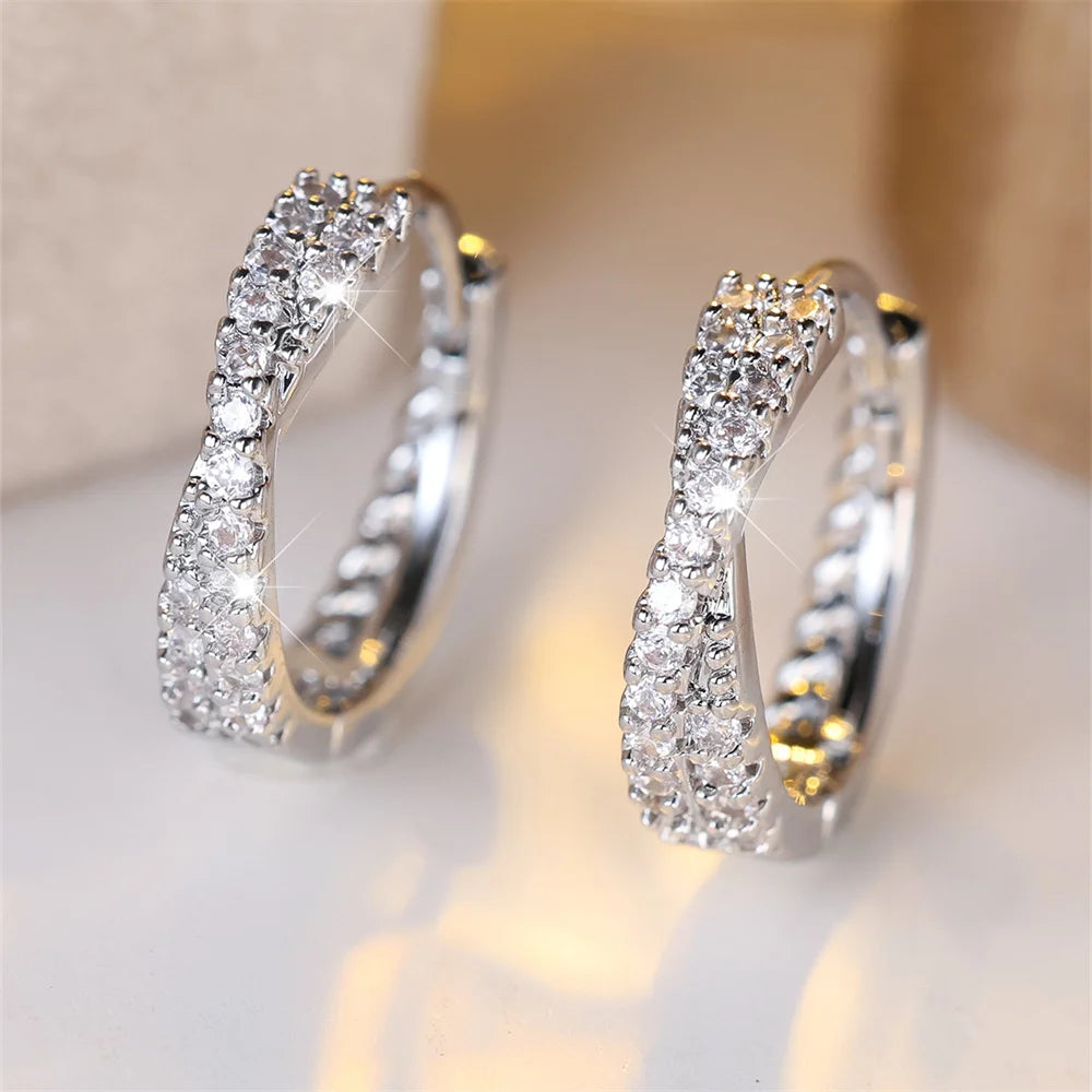 White Zircon Crossed Hoop Earrings
