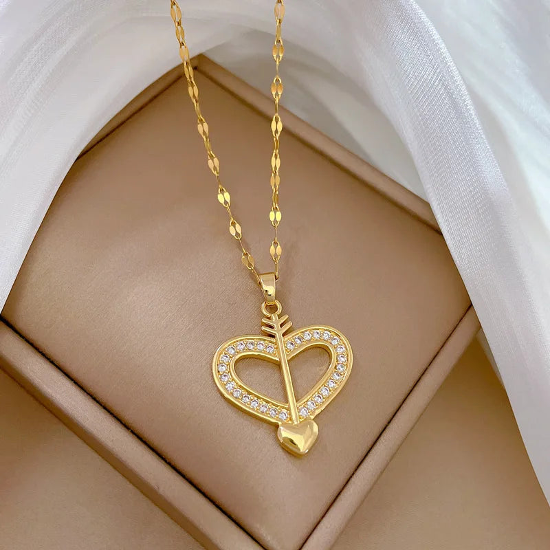 Gold Color Heart Zirconia Stainless Steel Necklace